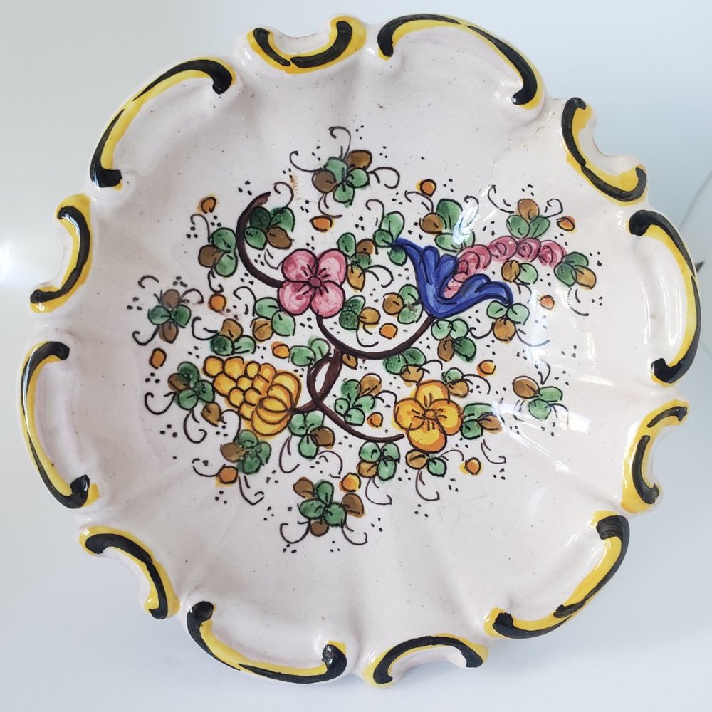 Deruta Pottery Scalloped Signed Bowl -Hand painted  Trinket or Hanging Art